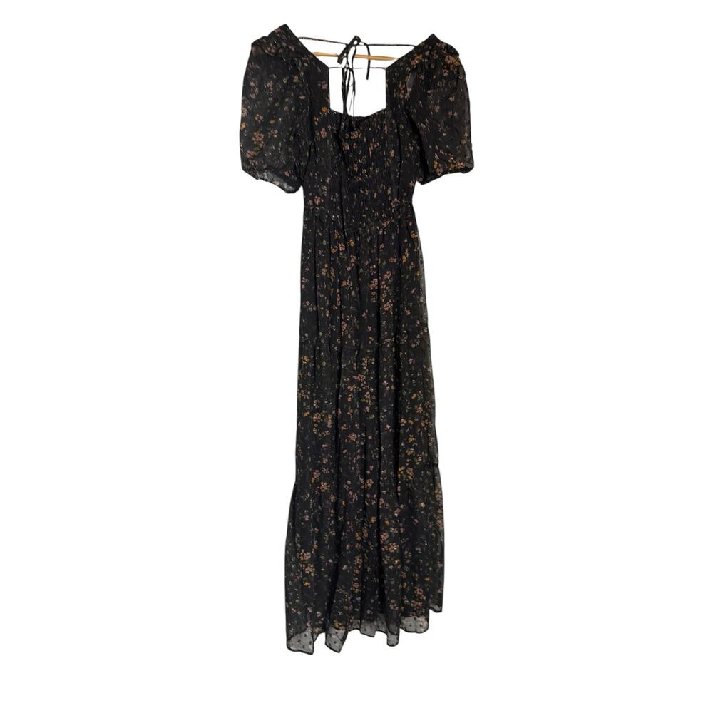 Slate & Willow Black Floral Print Chiffon Puff Sleeve Smocked Maxi Dress Small - Picture 10 of 13